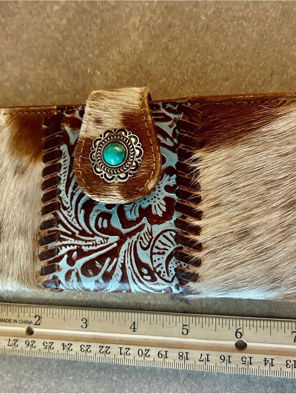 Myra Bag Turquoise Brown Hair-on-Hide Wallet with Tooled Leather
